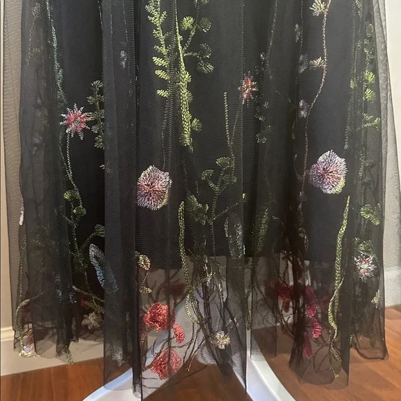 Black Tulle Embroidered Floral Maxi Skirt Romantic Sheer Overlay Boho NWOT Large - Picture 8 of 17